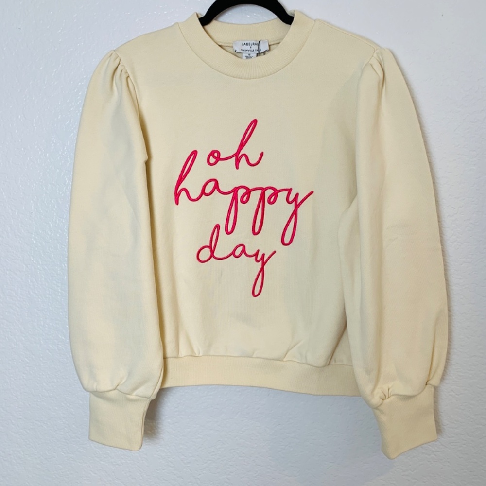 Embroidered Sweatshirt "Oh Happy Day " NWT Size 12 Ivory Pink NEW Puff Sleeve